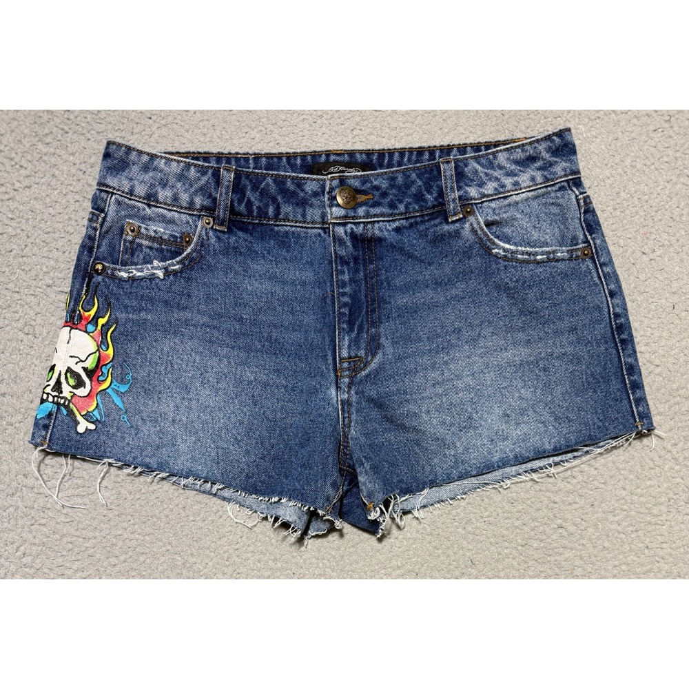 Ed Hardy Flame Skull Denim Jean Shorts Womens Size 28 (measures 32) Y2K Grunge